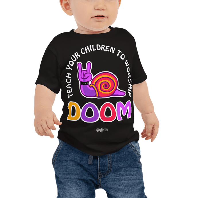 Teach Doom Baby T-shirt Aighard Merchandise Metal Children Worship Traditional Black Sabbath Live Slow Die Old Branca Studio