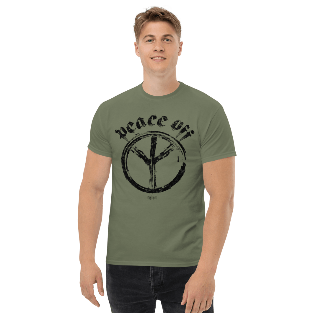 Peace Off T-shirt Aighard Merchandise shop Anti Love Hippie Woodstock Festival Sign Buy Absence Of War Doesn't Mean Camiseta